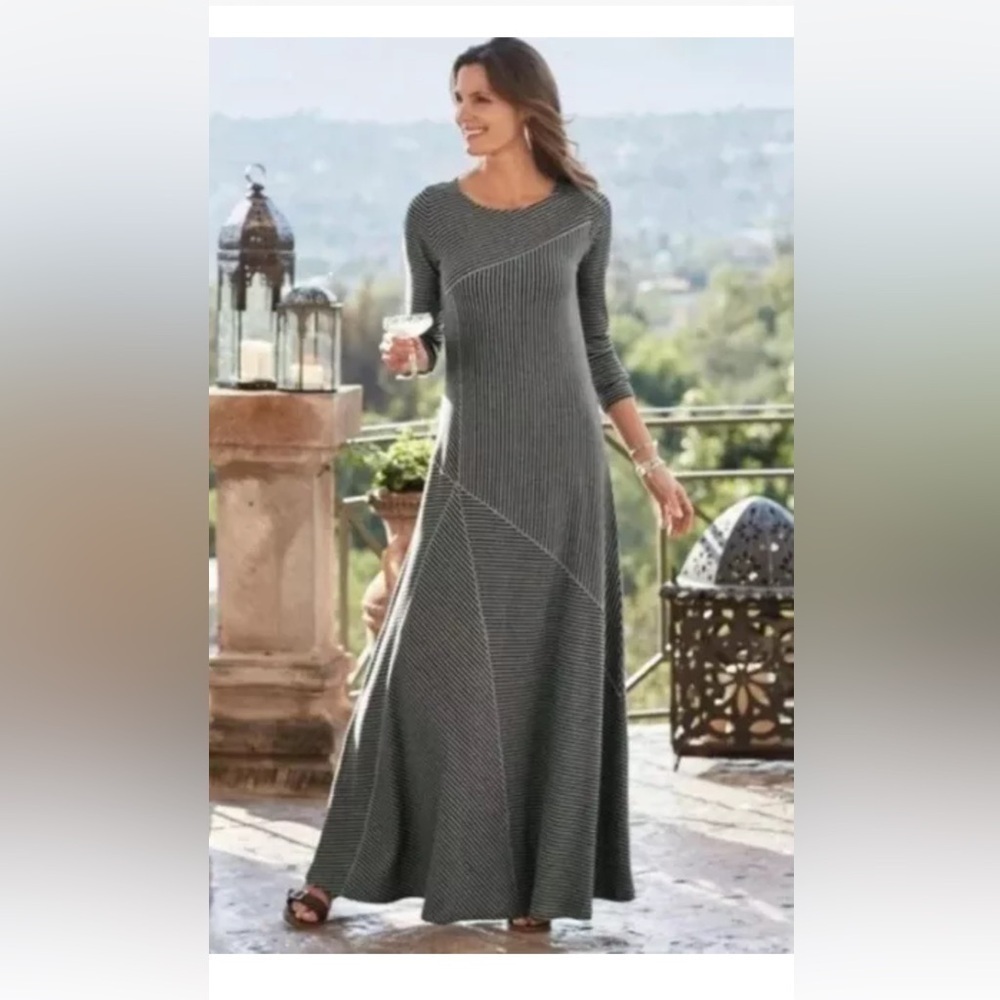 SOFT SURROUNDINGS SMALL Ryley Stripe Maxi Dress Stretch Diagonal Long Sleeve